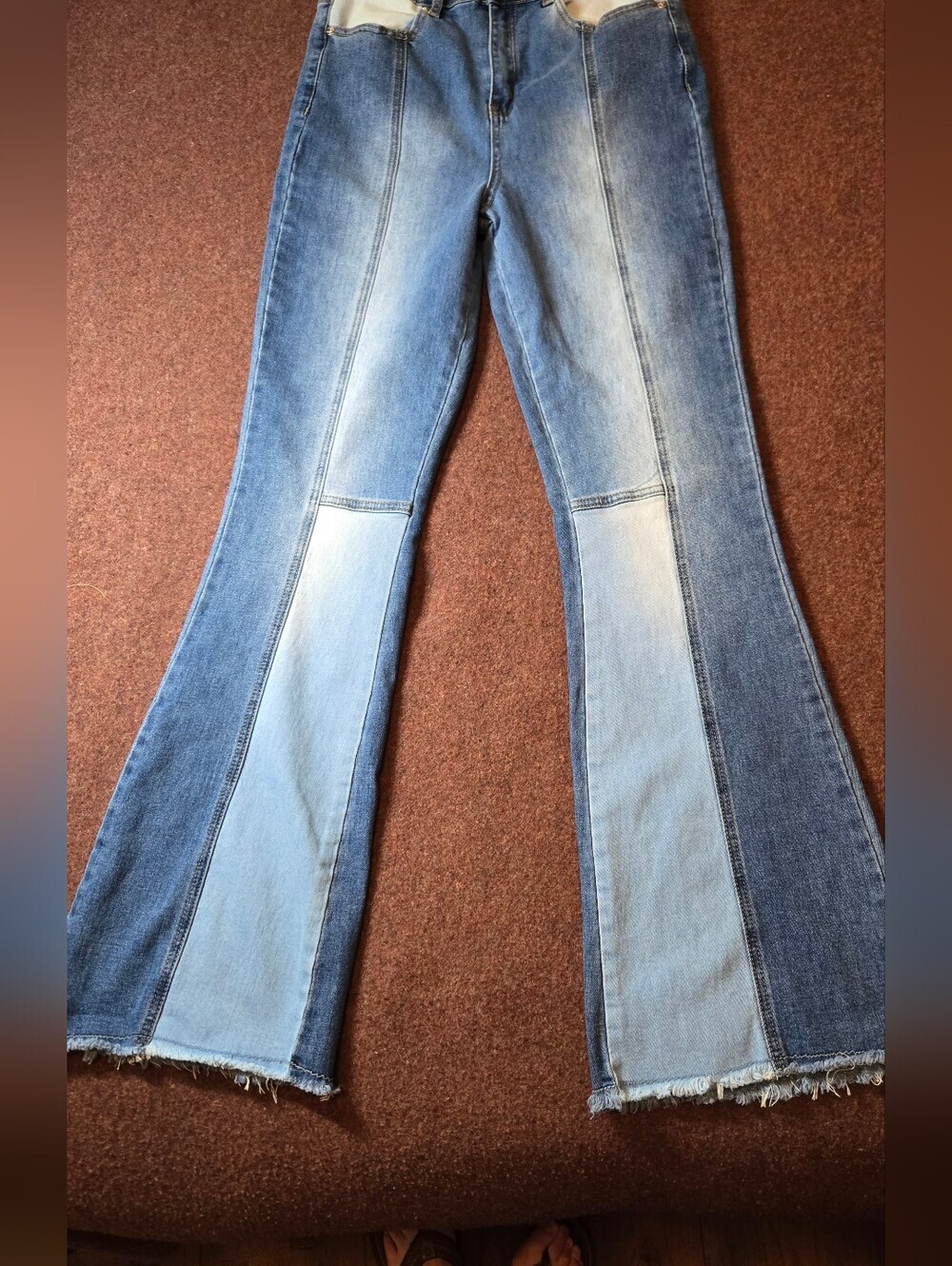 Madden NYC Ultra High Waisted Flare Retro Patchwork Raw Edge Jeans Size 7 27x32
